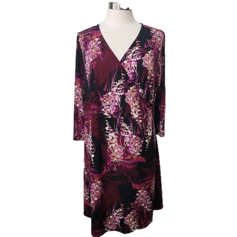 VIP By Avenue Womens Dress 14/16 Burgandy Floral Crossover 3/4 slv Knit stretchy